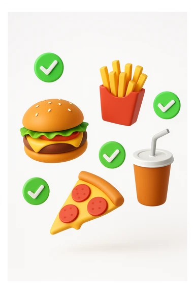 fast food fluttua in aria insieme a spunte di verificato in 3d, sfondo bianco sticker