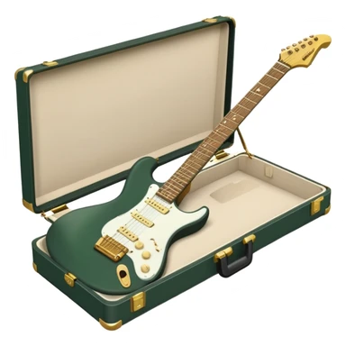 minimalist electric guitar in dark green, closed inside a black rectangular hard case with gold latches, soft matte textures, simplified details, alternate angle sticker