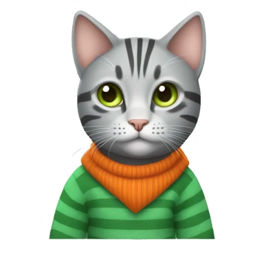 A striped grey cat with green eyes with orange sweater in full growth sticker