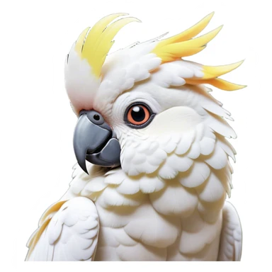 Cinematic Cute Cockatoo Portrait Emoji, Head tilted playfully and inquisitively, featuring a charming, fluffy form with a vividly colored crest, round, sparkling eyes full of playful wonder, and a soft, curved beak, Simplified yet irresistibly adorable features, highly detailed, glowing with a warm, inviting tropical glow, high shine, affectionate and lively, stylized with a touch of whimsical avian charm, soft glowing outline, capturing the essence of a mischievous yet loving cockatoo that seems as if it could flutter out of the screen into your arms! sticker