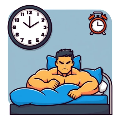 bodybuilder resting in bed, gym poster in background, large clock indicating 48 hours of rest, cartoonish sticker style sticker