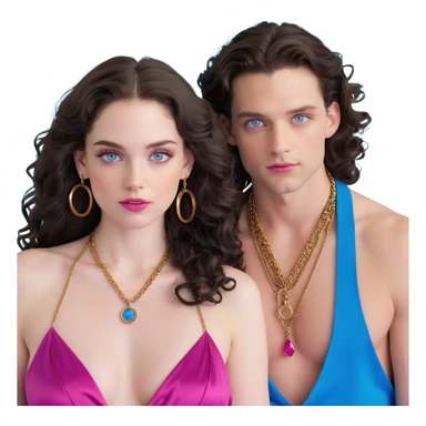 attractive couple with baddie energy, woman with big blue-grey eyes, long lashes, pale skin, pink lips, long voluminous dark brown curls, gold hoop earrings, revealing silky halter top next to handsome man with intense blue-grey eyes, chiseled features, pale skin, confident smirk, dark brown styled hair, gold chain, revealing open shirt sticker