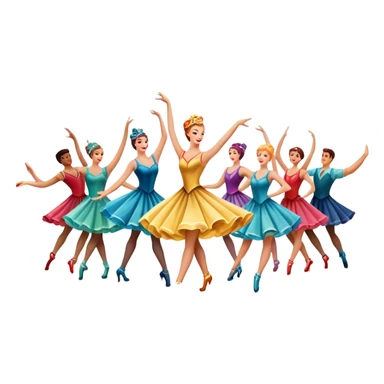 Icon for Musical Movie: A vintage movie poster-style design with a lively, colorful scene—dancers in glamorous costumes, bright lights, and musical notes floating in the air. Include elements like a grand stage, a spotlight, and instruments. Retro cinematic feel. Transparent background. sticker