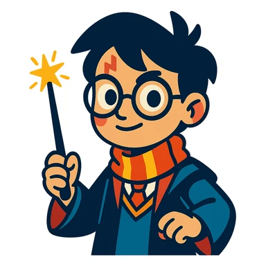 Harry Potter with glasses, lightning scar, and wand in a magical cartoon style sticker
