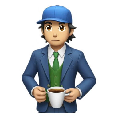 ash ketchum with a suit, holding a coffee cup, and whistling sticker