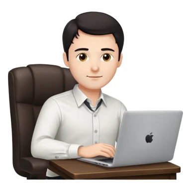 Rich man working setting on a chair in shirt, dark hair, and near the desk with laptop he is german very beautiful looks like sticker