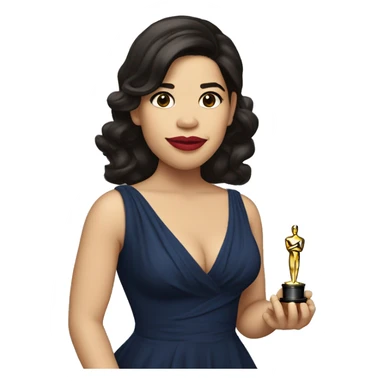 America Ferrera wearing a dress, holding an Oscar sticker