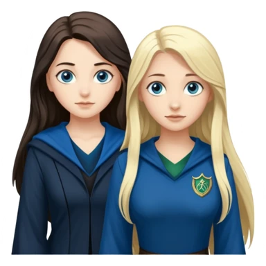 a pretty ravenclaw girl with long dark brown hair and blue eyes standing with a hot Slytherin girl with long blonde hair, blue eyes and big boobs  sticker