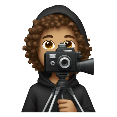 Boy with brown curly hair holding a movie camera wearing a black hoodie sticker