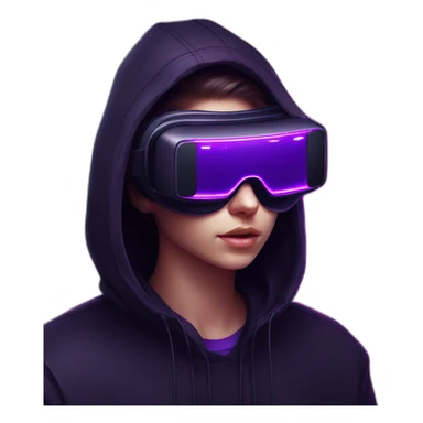 Russian student in the black hoody with violet letters "OMG VR" on it wearing vr headset. Cyberpunk style. Violet neon. sticker