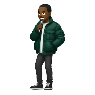 Side profile of a hip hop artist. He has an arm extended down and is holding a mic in that hand. He's wearing a dark green puffy jacket.  sticker