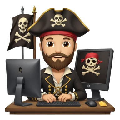 pirate captain with a beard, coding on a desktop computer, pirate flag with code symbol, cheerful and creative sticker