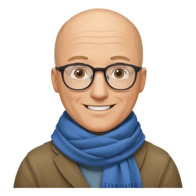 middle aged man, bald, wearing glasses and a scarf, friendly smile sticker