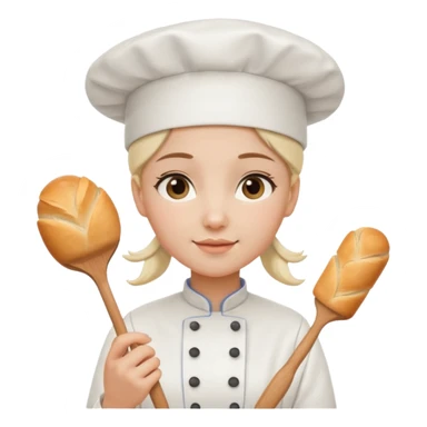 Young female baker - white chef hat, holding cream piping bag and bread sticker