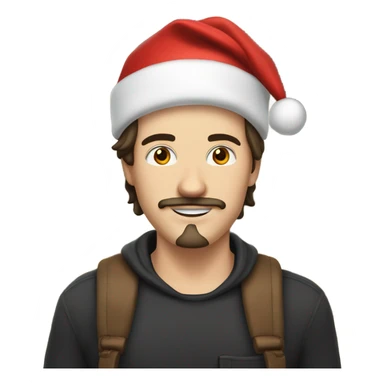 white guy 25 years old dark hair with a small moustache and small beard, with a christmas santa h sticker