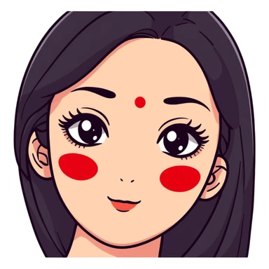 White girl with long oval shaped face, large almond shaped eyes with long eyelashes, long straight black hair falling in front of her bare shoulders, face closeup, with red and white gopi dots decorating her forehead above eyebrows sticker