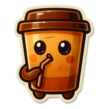 Tall coffee cup, intrigued, drinking, watching sticker