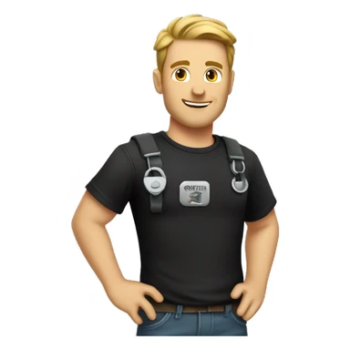 a white man in a black t-shirt is a mechanic with a repair key sticker