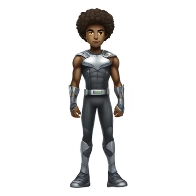 Muscular Afro teenage boy in a Cyborg superhero costume standing on a spaceship. sticker