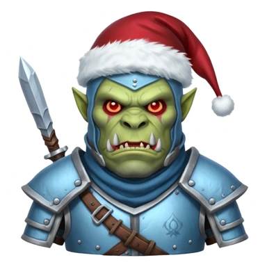 
Fantasy Christmas orc legion soldier icon, iron tundra army theme, heavy winter armor, disciplined brutal look, icy blue steel armor with deep crimson accents, frozen metal texture, cold winter atmosphere, male variant sticker