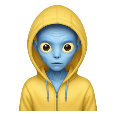 generate a blue alien wearing a yellow hoodie with no zipper sticker