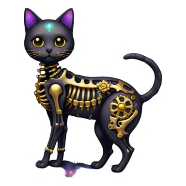 Black iridescent cat zombie skeleton gold mechanical nebula galaxy stars flowers fairy lights vintage sticker