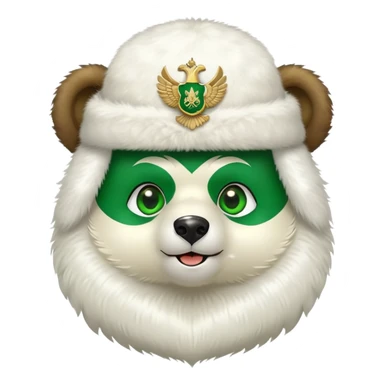 Happy Russian bear with bright green eyes, white fur ushanka hat with double-headed eagle insignia, cute facial expression sticker