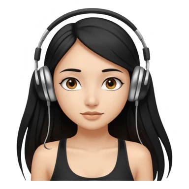 a fair indian girl with straight black long hair, wearing a black cami top. and wearing silver  headphones on sticker