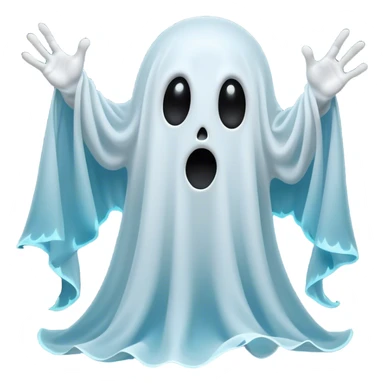 A hilariously exaggerated floating sheet ghost, its simple yet expressive form billowing with animated energy in vibrant whites and pale blues, with two wide, comically shocked eyes and a quirky, startled mouth, simplified yet overflowing with personality, highly detailed with a soft neon-like glowing outline, capturing the playful absurdity of a ghost caught off guard! sticker