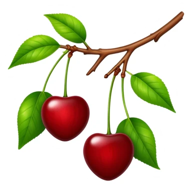 Two glossy red cherries hanging from a wooden branch with green leaves sticker