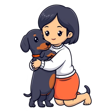 black hair asian girl hugging black dachshund sticker