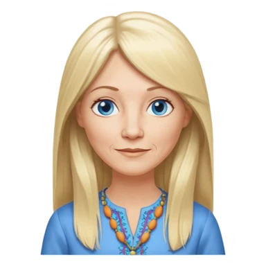50 yr old white woman, hippie part bangs, very long straight blond hair, oval face, small smile, blue eyes, thin face, hair downback, hair parted at center of head, round cheeks, pale, longer hair, dress shirt sticker