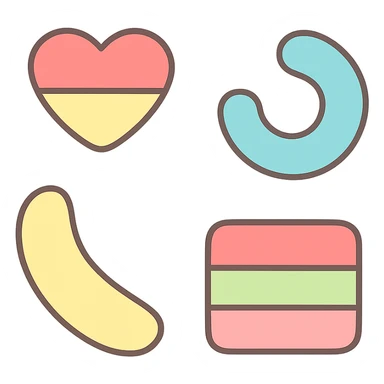 Create a pastel candy pastille icon inspired by the shapes and colors in the reference image. Use soft, rounded forms and pastel tones, minimal details, with a transparent background. sticker
