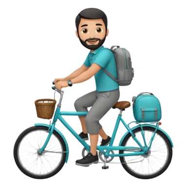 a man with a grey backpack and a torquoise byciycl and he has black shot=rt man hair and a beard with a polo grey shirt and dress pants and hes riding it with pants remeber sticker