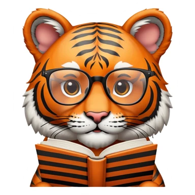 tiger face holding book wearing glasses for Twitch emote sticker