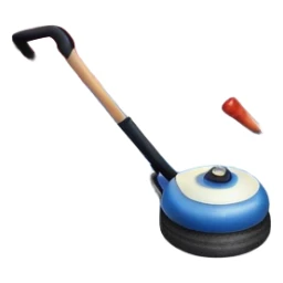 please, make An icon featuring the curling rink, with its distinctive circles and a vibrant crowd in the stands. Snowflakes fall outside the arena, and bright lights illuminate the ice. a close-up curling stone sliding across the ice, with a broom nearby. Transparent background. sticker