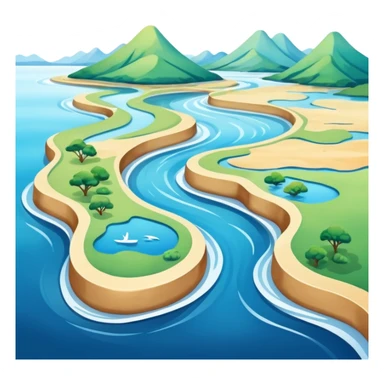 A 3D cartoon estuary where a river flows into the ocean, visible water color blend, soft natural lighting, Memoji-style. sticker