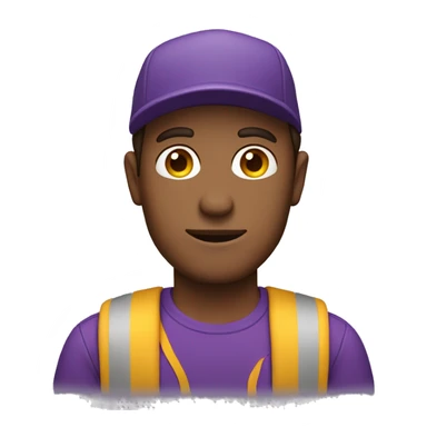 man with a purple shirt, brown hair, and yellow hat sticker