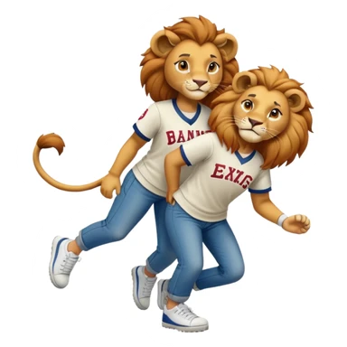 confident anthropomorphised female lion wearing a baseball shirt, jeans, and trainers, helping someone up after a fall, showing kindness sticker
