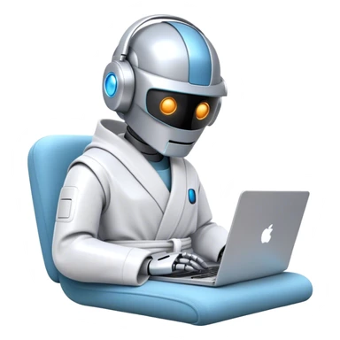 Emoji of a remote-working robot in a cozy smooth bathrobe with a laptop. The robot has a sleek helmet-like head with glowing digital eyes. Relaxed yet high-tech vibe. sticker