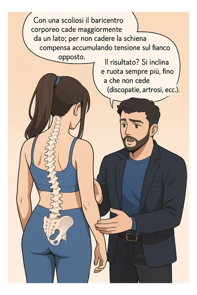 fai questa immagine in versione manga/webtoon a colori, il manga mostra la donna di spalle, mentre l'uomo le tocca la spina dorsale per spiegarle come funziona la scoliosi:
Con una scoliosi il baricentro corporeo cade maggiormente da un lato; per non cadere la schiena compensa accumulando tensione sul fianco opposto.
Il risultato? Si inclina e ruota sempre più, fino a che non cede (discopatie, artrosi, ecc) sticker