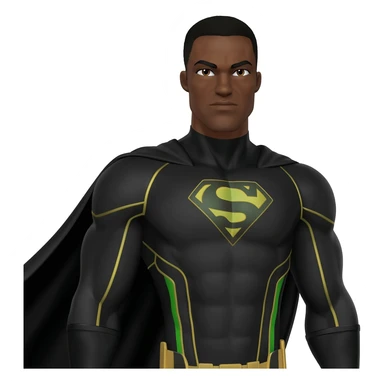 Superhero suite black male all green and gold lines with long black cape very tall letters G and big arms full body sticker