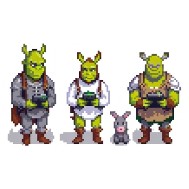 Shrek and Donkey texting on their phones in pixel art style sticker