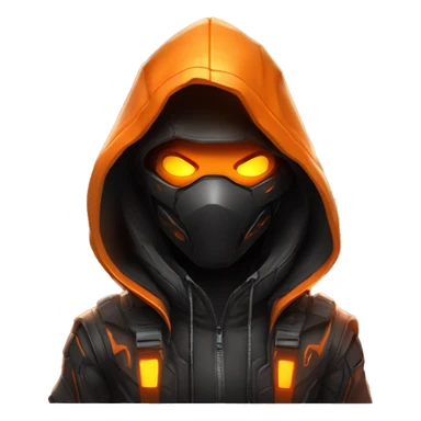  developer behind his laptop with this style : crysis Cyberpunk Valorant orange glowing bright orange character orange black hooded assassin themed character sticker