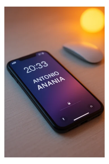 A photo of an iPhone on the desk with the message "Antonio Anania" on its screen, The phone sits atop a desk with a blurred background that suggests work environment. A faint glow from above casts gentle shadows across the surface of each object, creating depth and highlighting their textures sticker