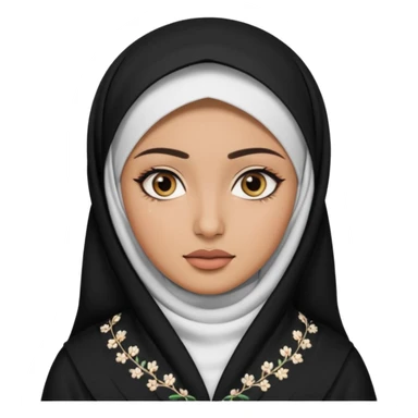 Make a emoji of a Muslim girl wearing a white hijab and makeup on her face, with only her eyes visible and her full body covered in an abaya or burqa. sticker