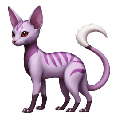 Purple, white, black, Minccino-Sphynx-Lykoi-Linoone-Zangoose-fusion-hybrid-animal-Fakémon-creature, full body, thin long sleek scaly tail, intricate markings sticker