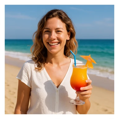 take this picture of a woman and make it  beach photo with drink sticker
