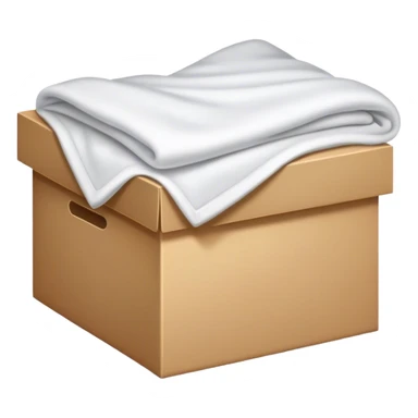 Box with white blanket inside, folded up sticker