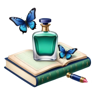 A vintage still-life composition featuring a navy perfume bottle, an old green book, and a blue butterfly. sticker